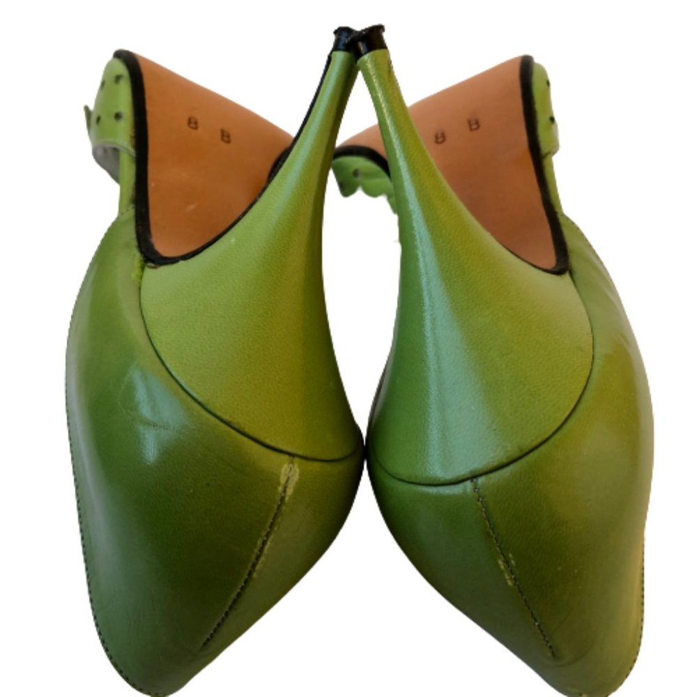 Pancaldi Vintage 90's Italy Green Leather D'Orsay Peep Toe Perforated Pump 8 - Picture 9 of 13